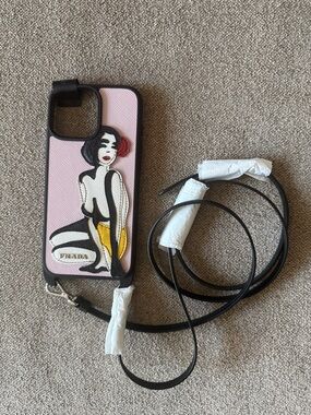 Prada Pink Saffiano Leather Crossbody iPhone 16 ProMax Case with Graphic Motif